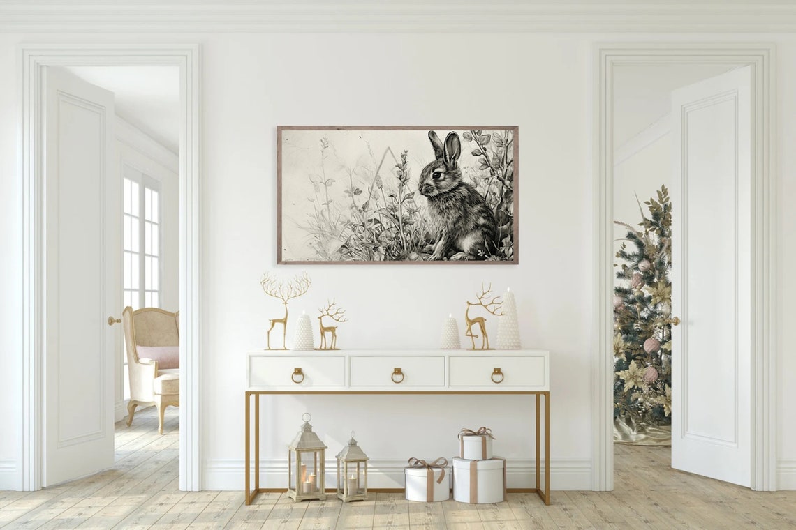Vintage Rabbit Sketch Black and White Botanical Illustration Poster - Image 5
