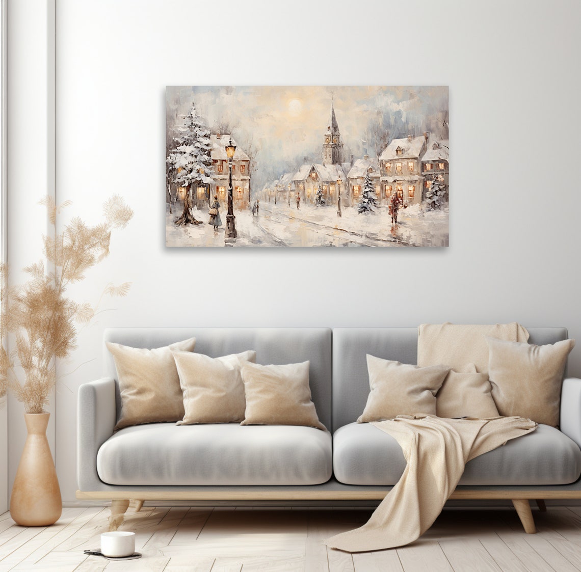Snowy Village Square At Dusk With Church Steeple And Lamp Posts Poster - Image 2