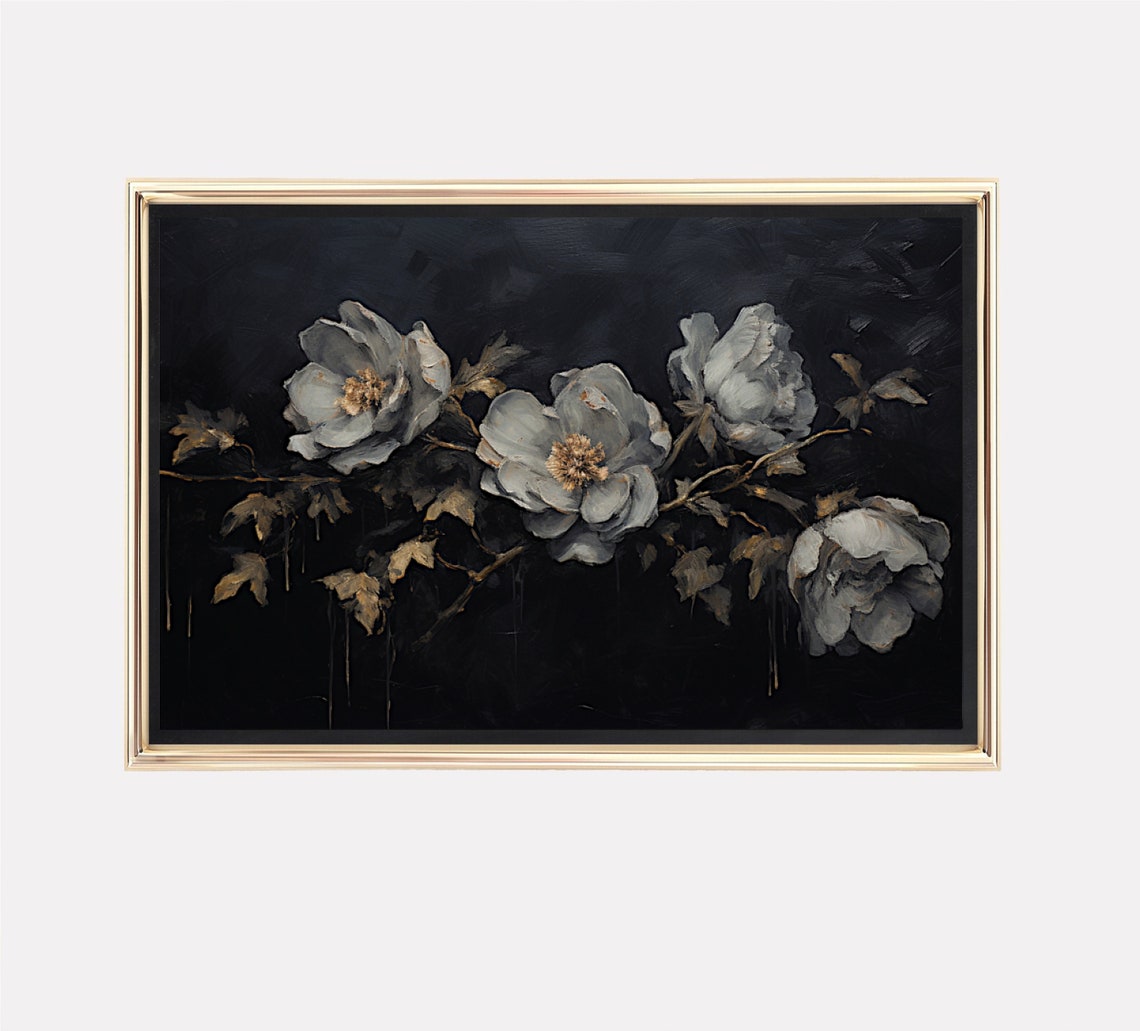 Gray Peonies Dark Botanical Painting Elegant Moody Floral Poster - Image 3