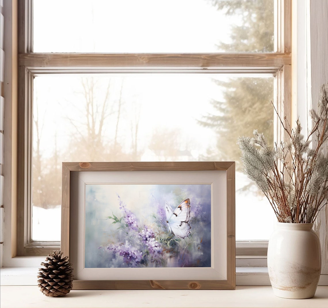 White Butterfly Purple Wildflower Watercolor Pastel Garden Poster - Image 2