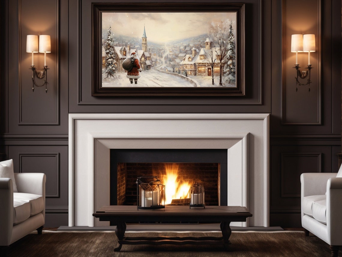 Santa Claus Walking Through Snow Toward A Village At Dusk Poster - Image 4