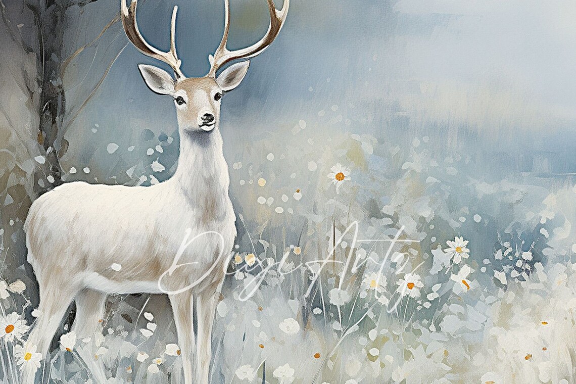 White Stag Misty Wildflower Forest Panoramic Ethereal Nature Poster - Image 4