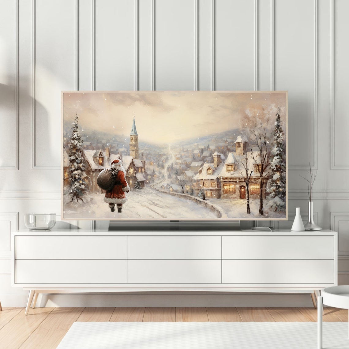 Santa Claus Walking Through Snow Toward A Village At Dusk Poster - Image 5