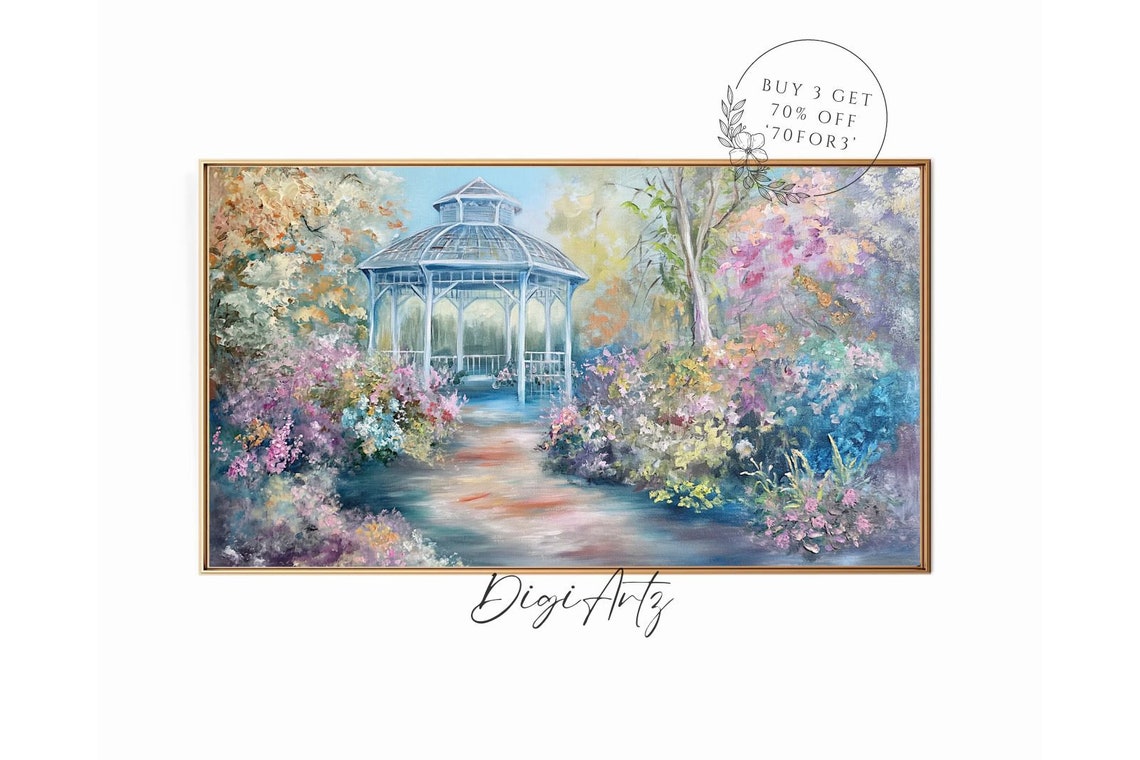 Frame Tv Spring Garden Gazebo Oil Painting Vintage Farmhouse Decor Rose Secret Garden Nature Art Print Romantic Cottagecore Frame Tv