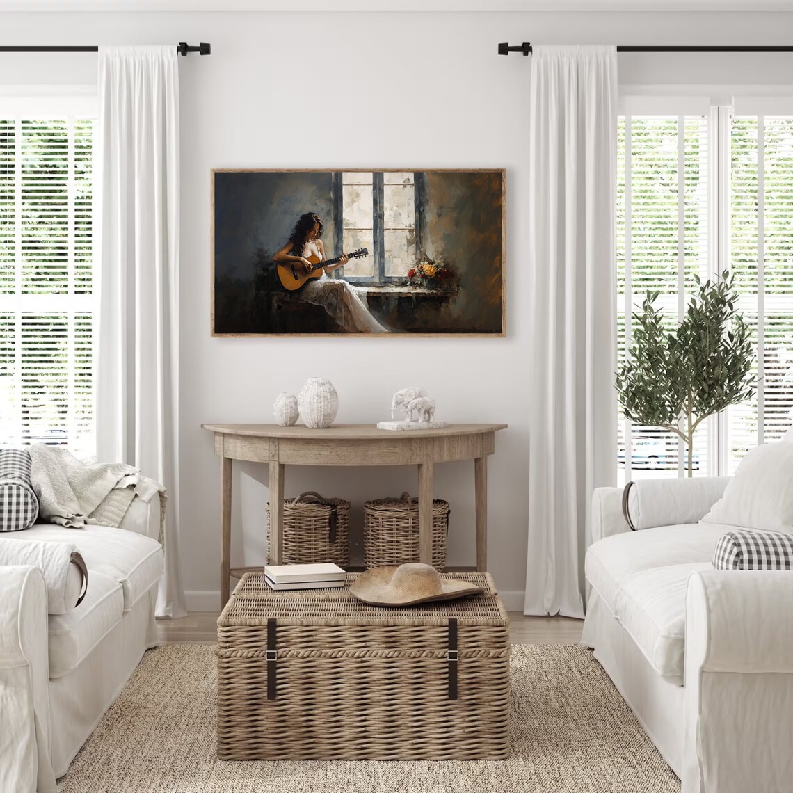 Woman Playing Guitar By Window Moody Musician Oil Painting Poster - Image 3