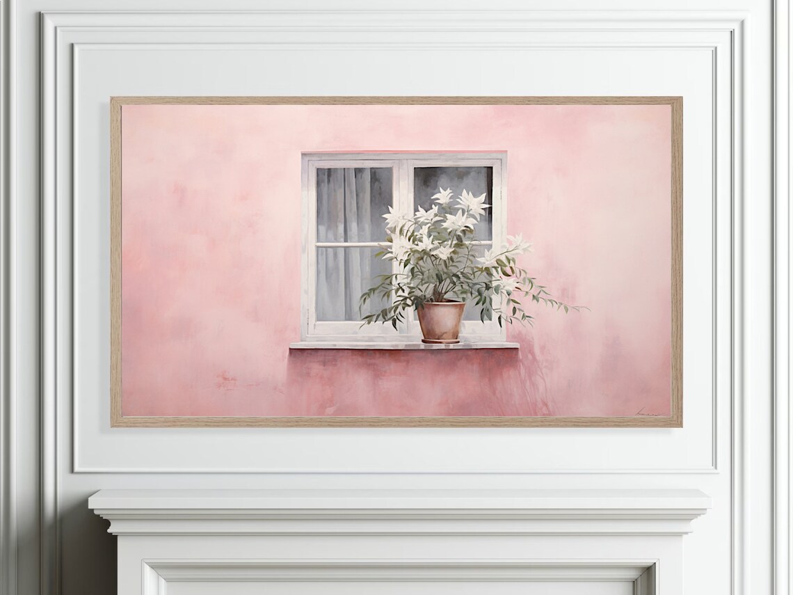 White Lilies on Pink Windowsill Minimalist Floral Oil Painting Poster - Image 4