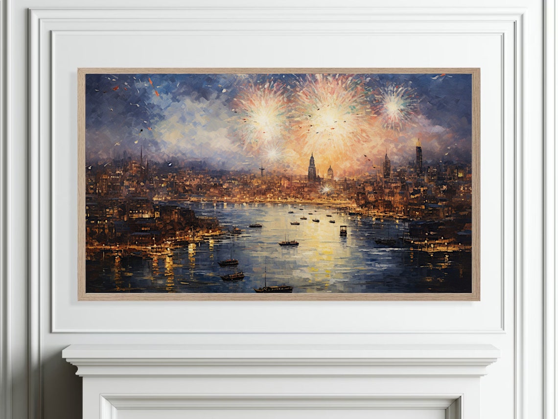City Fireworks Celebration Night Sky Harbor Lights Painting Poster - Image 4