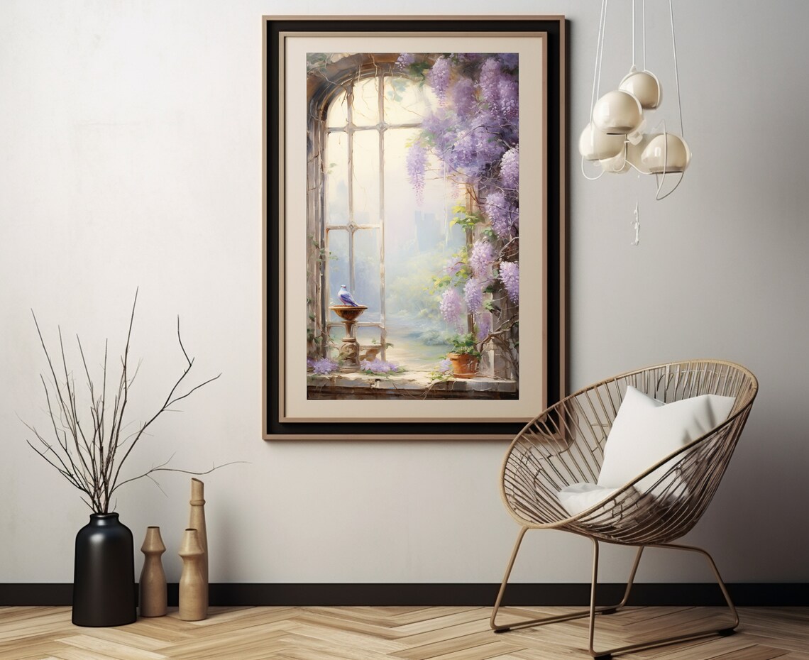 Arched Stone Window Wisteria Bluebird Cottage Garden Wall Poster - Image 3