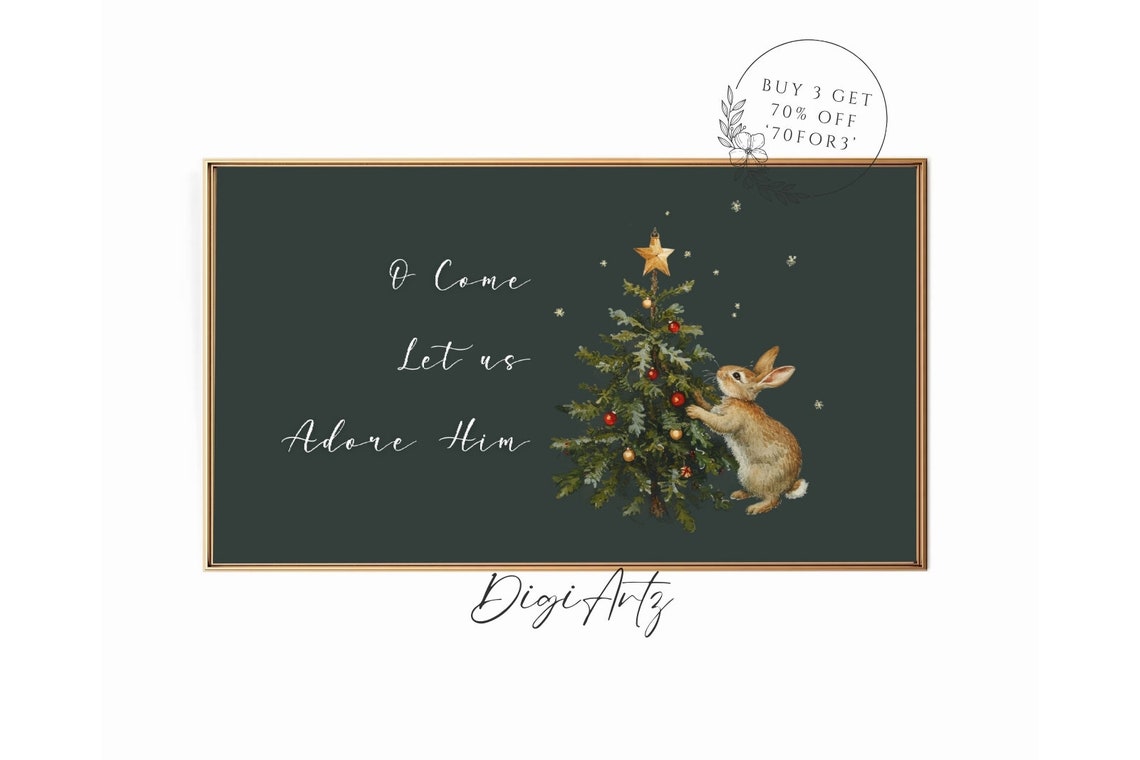 O Come Let Us Adore Him Bunny Christmas Tree Christian Poster