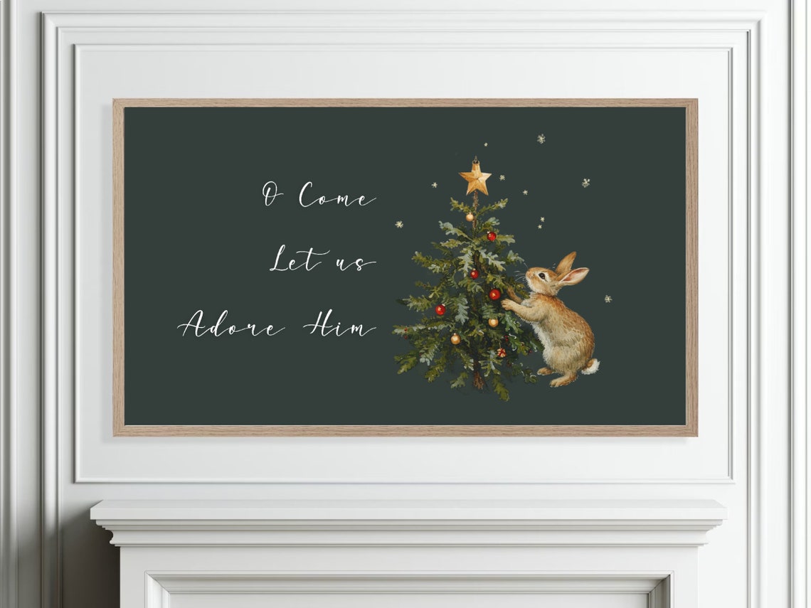 O Come Let Us Adore Him Bunny Christmas Tree Christian Poster - Image 4