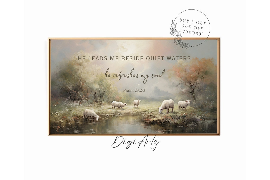 Psalm 23 Quiet Waters Sheep Meadow Scripture Christian Poster