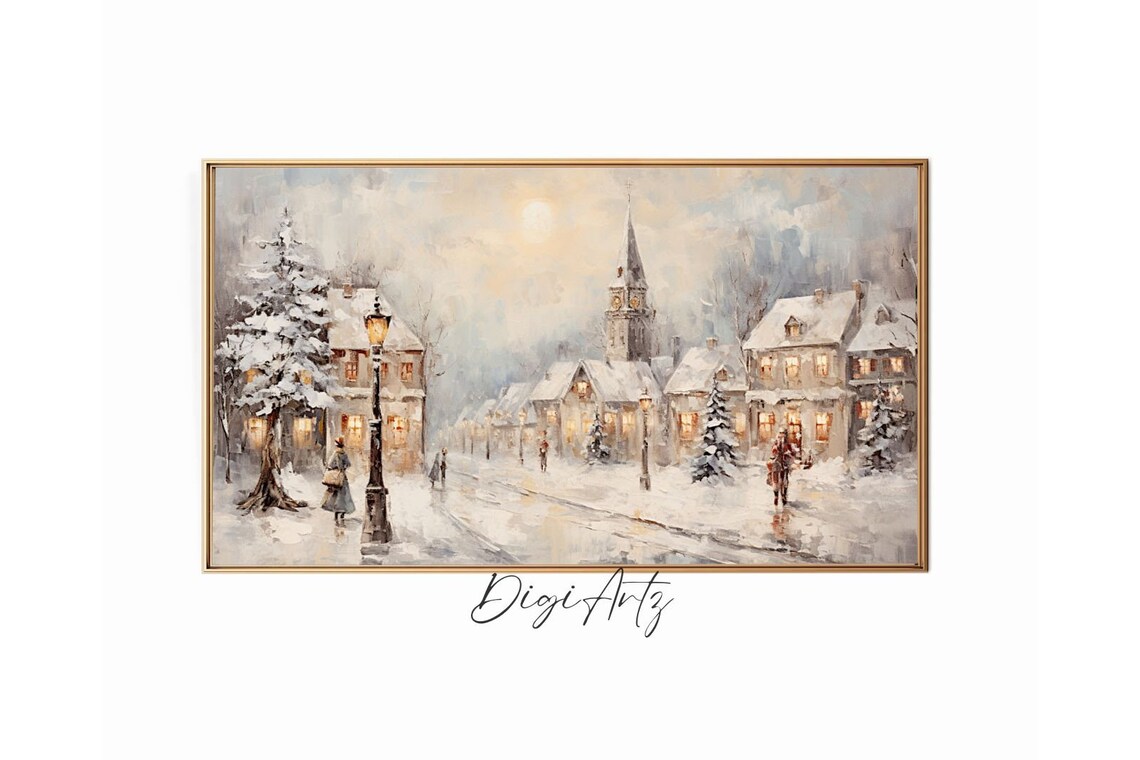 Frame Tv Vintage Winter Town Oil Painting Cottagecore Academia Christmas Decor Rustic Snowy Winter Landscape Holiday Farmhouse Print