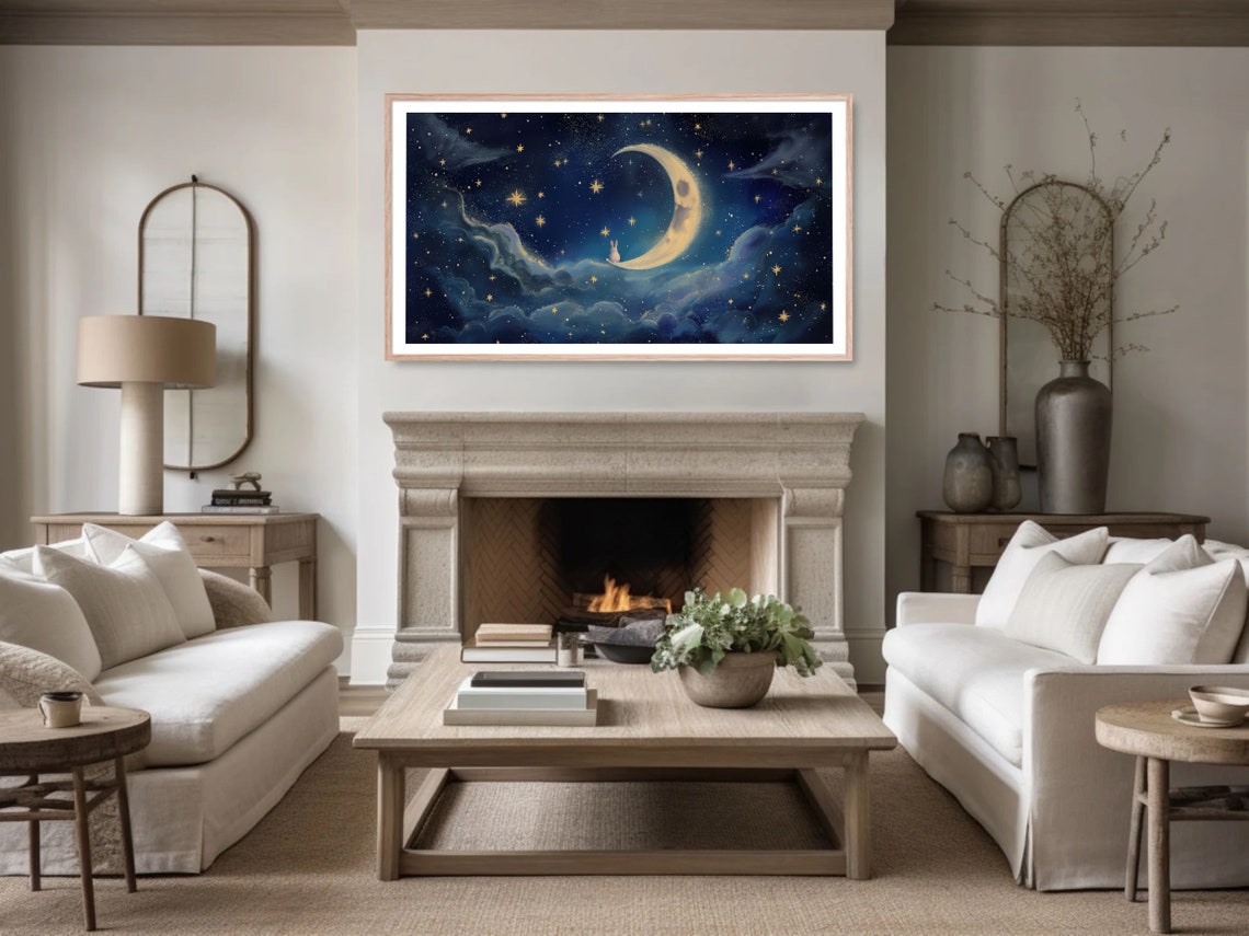 Bunny On Crescent Moon Starry Night Clouds Whimsical Painting Poster - Image 3