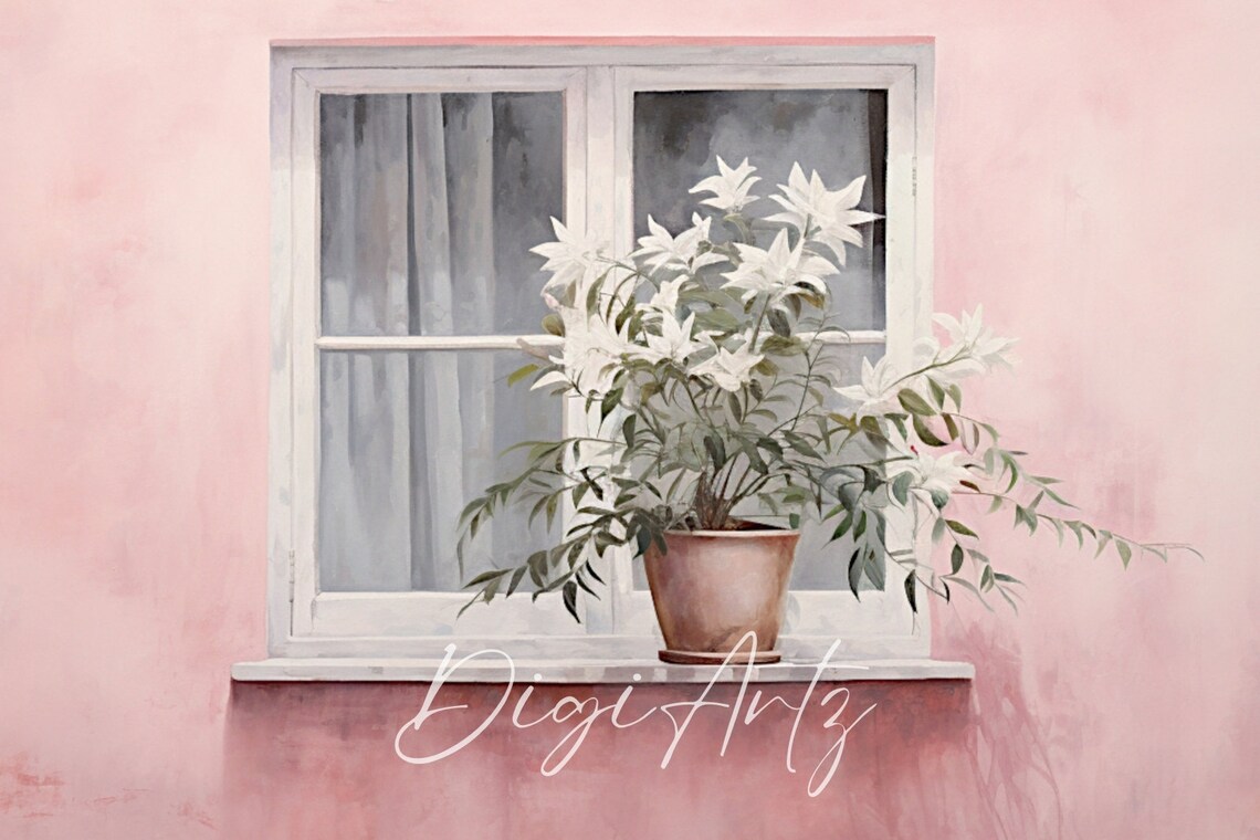 White Lilies on Pink Windowsill Minimalist Floral Oil Painting Poster - Image 6