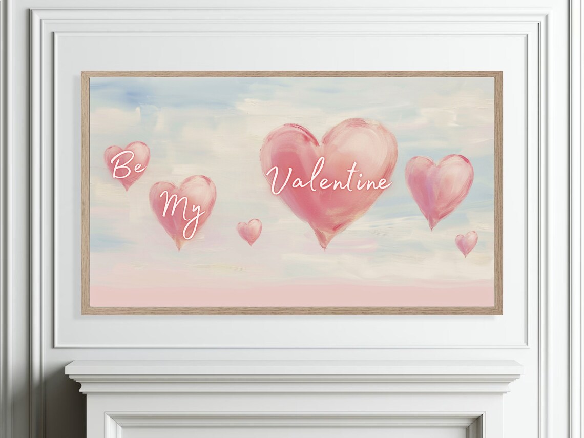 Be My Valentine Script Pink Hearts Pastel Sky Painting Poster - Image 3