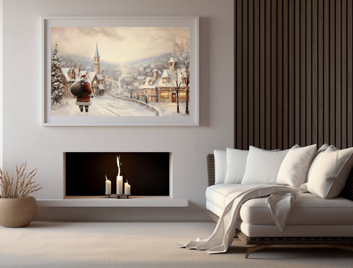 Santa Claus Walking Through Snow Toward A Village At Dusk Poster - Image 3