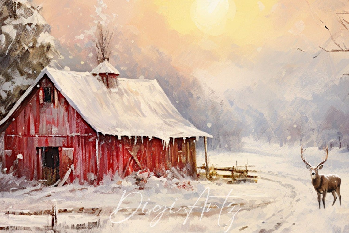 Red Barn In A Snowy Field At Sunrise With A Grazing Deer Poster - Image 6