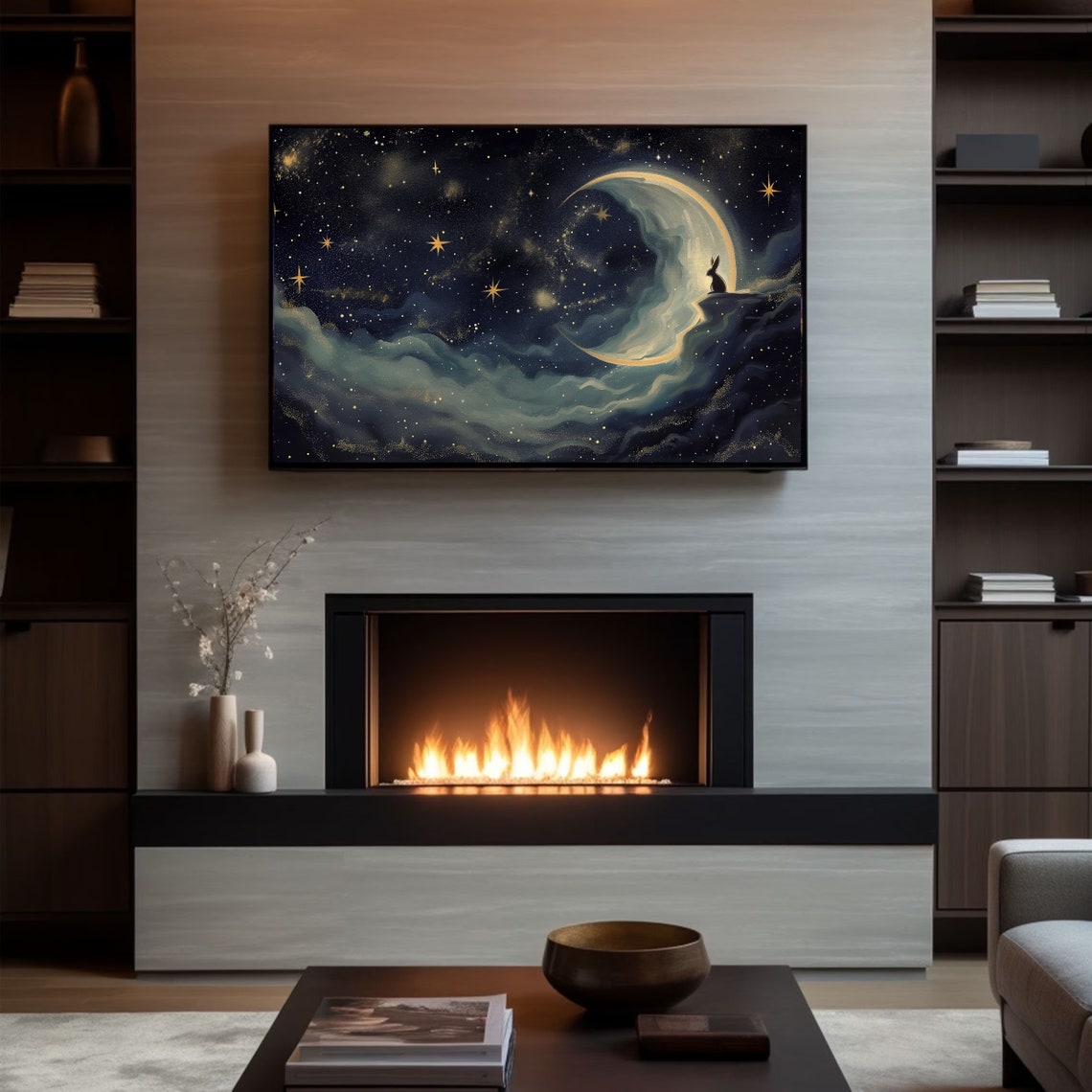 Crescent Moon Bunny Silhouette Starry Night Sky Nursery Poster - Image 5