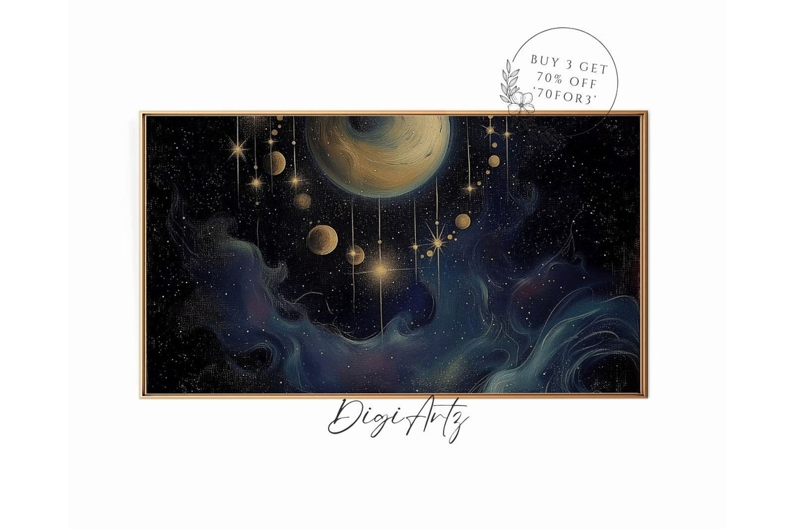 Golden Moon And Planets Celestial Night Sky Star Painting Poster - Image 6