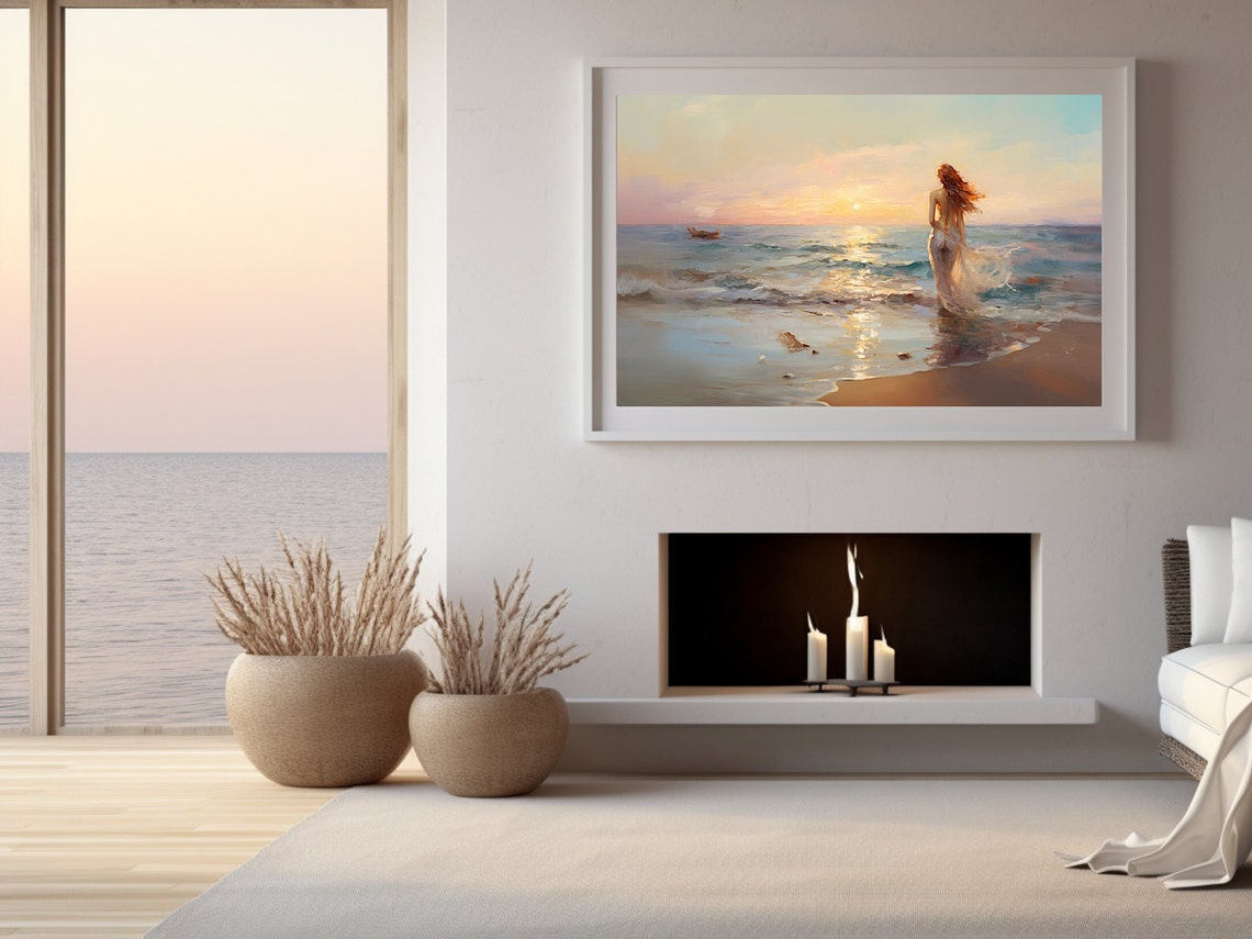 Red Haired Woman Walking on Beach at Sunset Impressionist Poster - Image 2