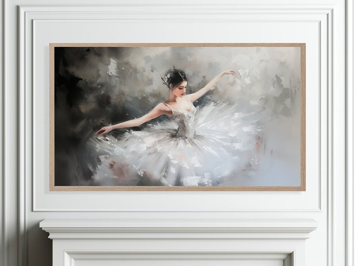 Elegant White Tutu Ballerina Gray Abstract Oil Painting Poster - Image 4