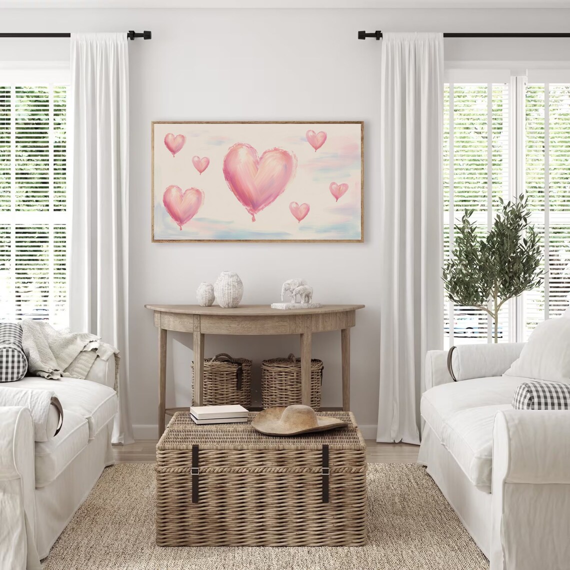 Pink Heart Balloons Floating Pastel Sky Valentine Painting Poster - Image 3