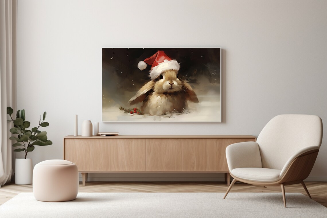Sweet Baby Bunny Wearing A Red Santa Hat In Falling Snow Poster - Image 3