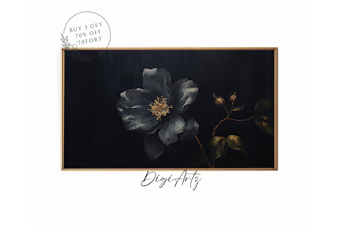 Dark Moody Flower Golden Stamens Black Botanical Painting Poster