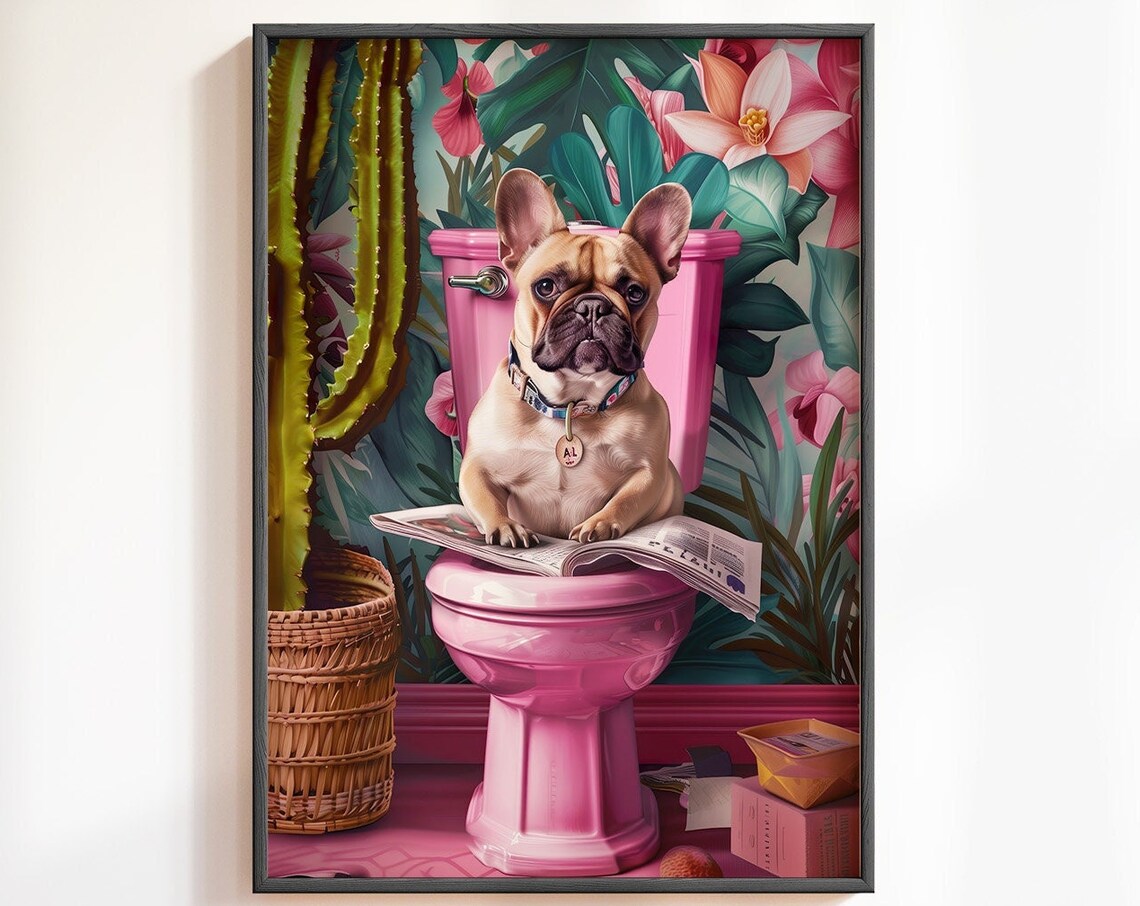 French Bulldog Puppy On Pink Toilet With Tropical Leaves Poster - Image 5