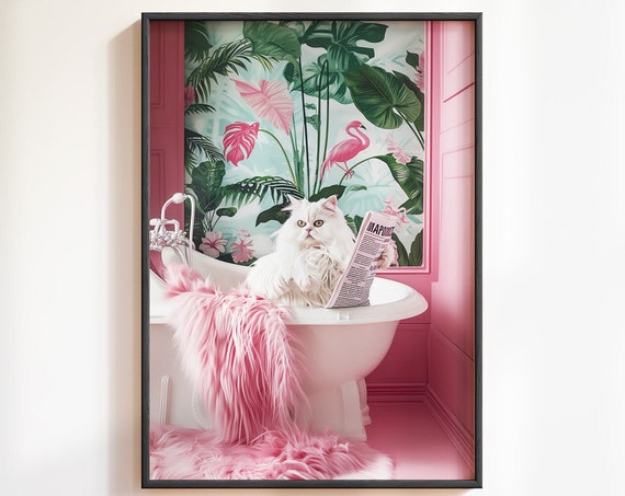 Bathroom Cat Reading in Bathtub Poster