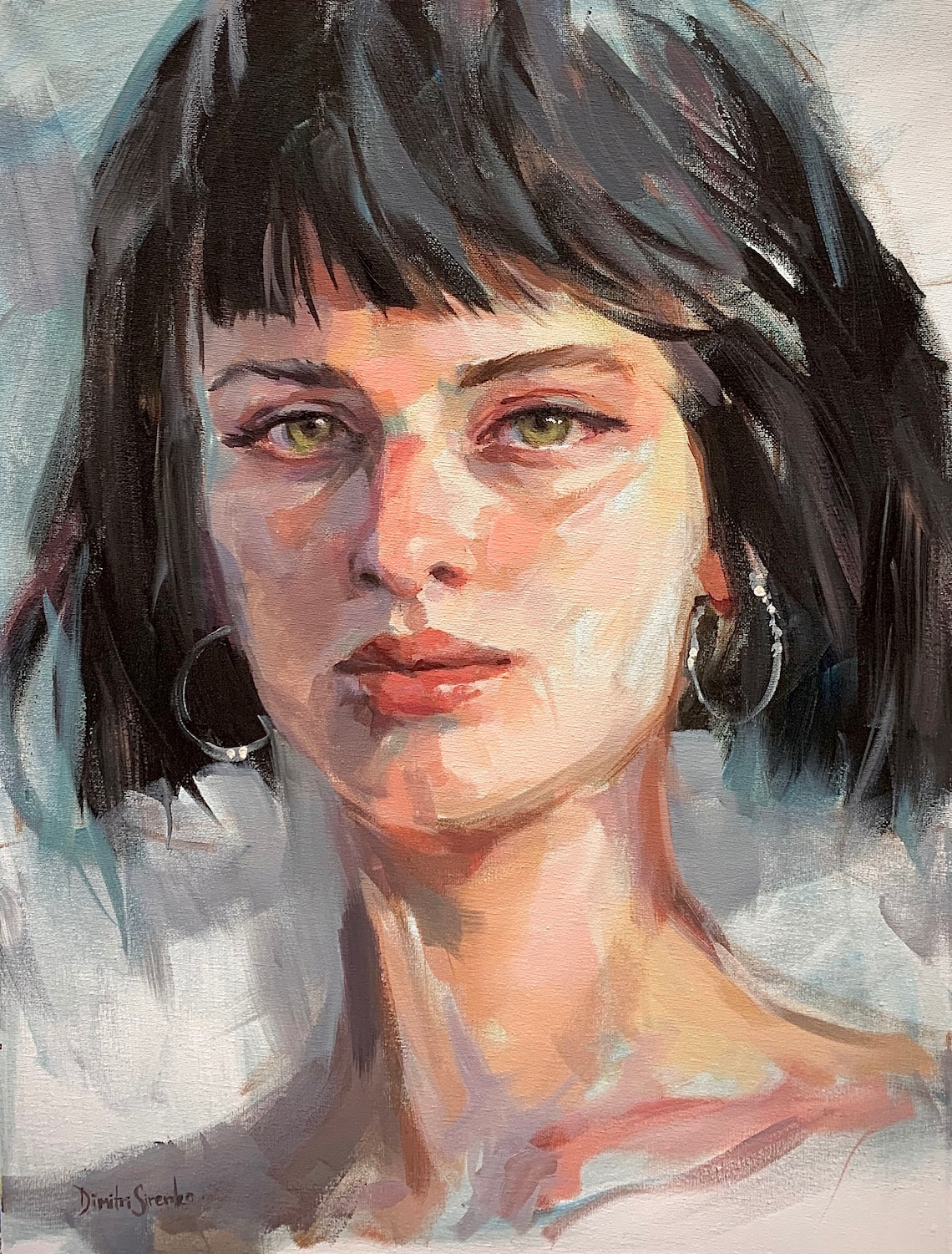 Elegant Woman Portrait Dark Bob Hoop Earrings Oil Painting Poster