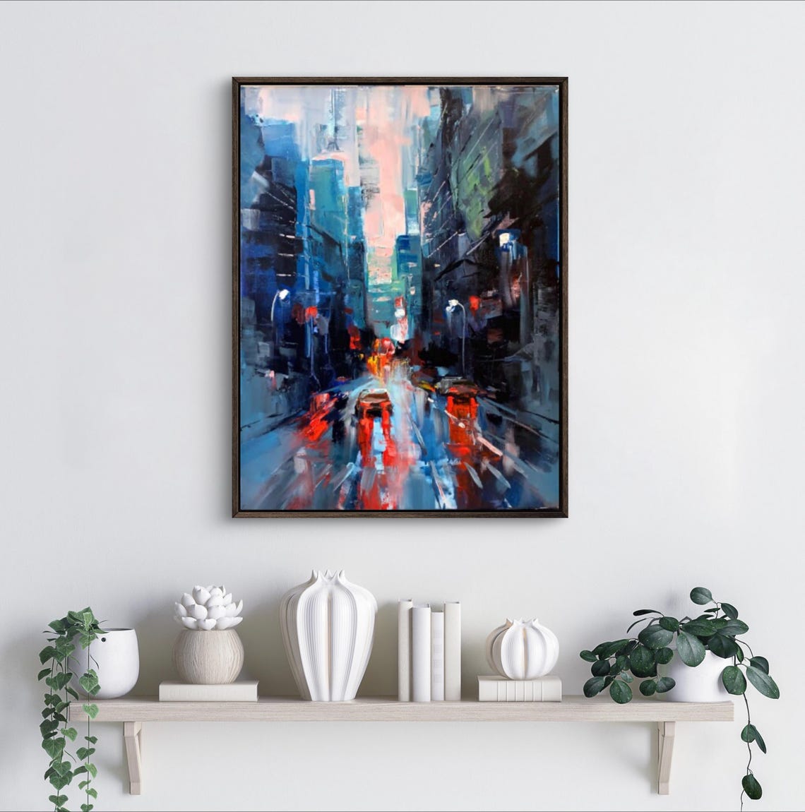 Rainy Night City Street Neon Light Reflections Impressionist Poster - Image 2