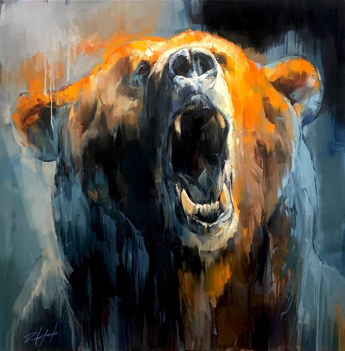 Roaring Brown Bear Open Jaws Fiery Orange Wildlife Art Poster