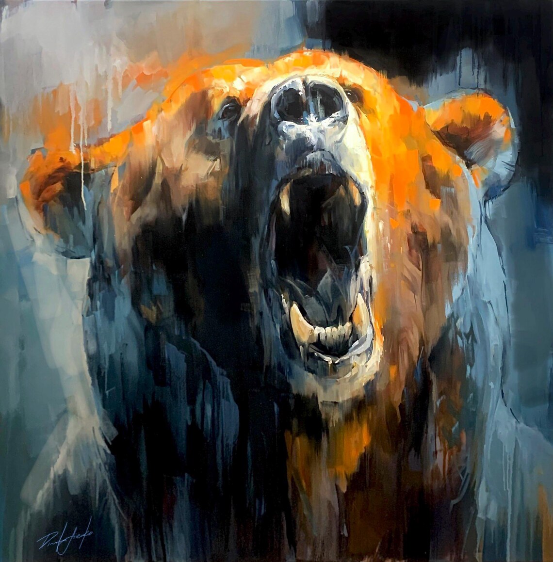 Roaring Grizzly Bear Fierce Wildlife Oil Painting Nature Poster