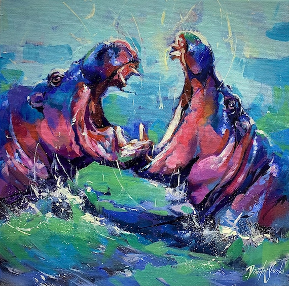 Two Hippos With Open Mouths Splashing In Colorful Water Poster