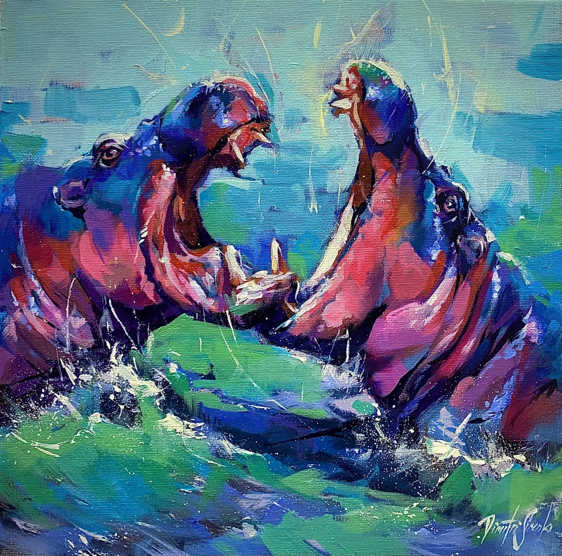 Two Hippos With Open Mouths Splashing In Colorful Water Poster