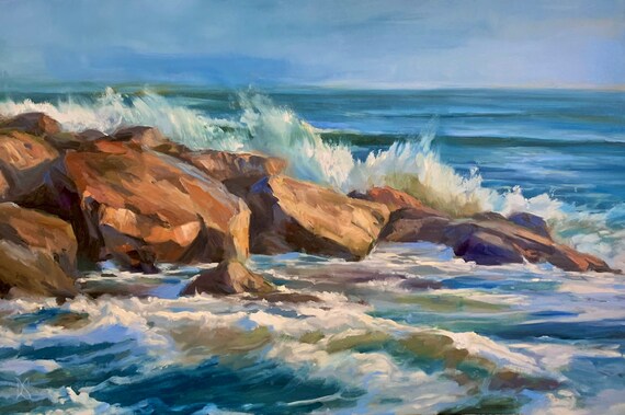 Ocean Waves Breaking On Sunlit Red Rocks Bright Coastal Poster