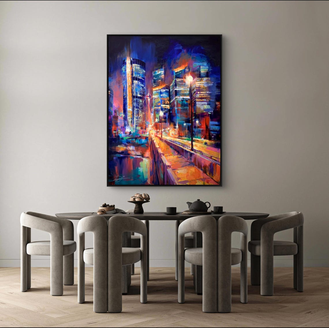 Neon Lit City Street at Night Reflections Urban Painting Poster