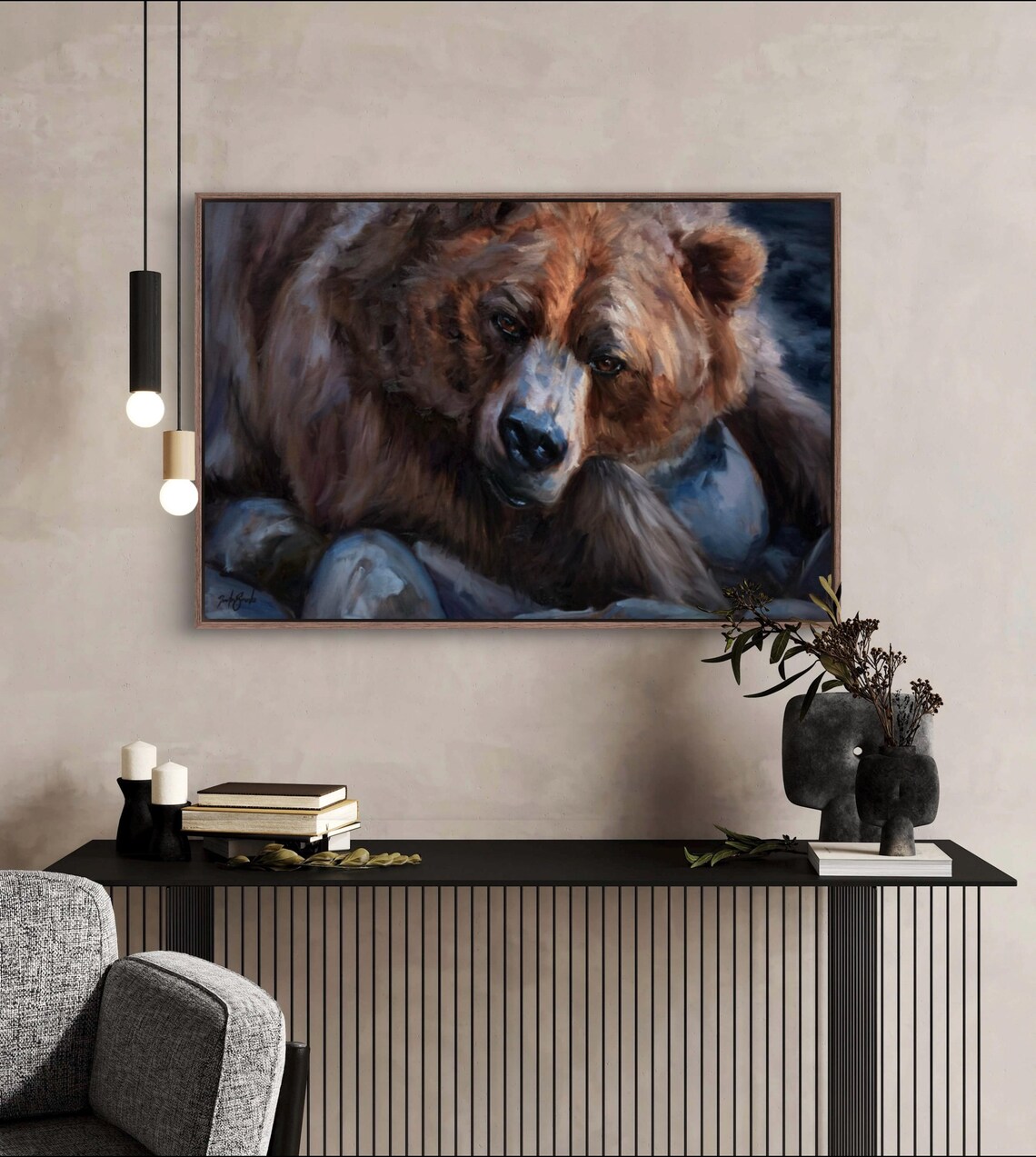 Grizzly Bear Resting On Rocks Wildlife Oil Painting Art Poster - Image 2