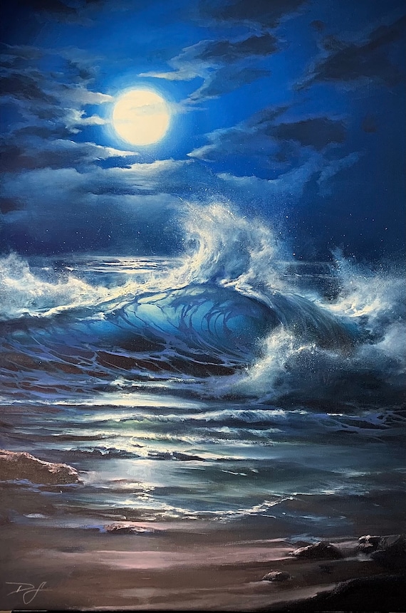 Full Moon Rising Over Night Ocean With Glowing Moonlit Curling Wave Poster