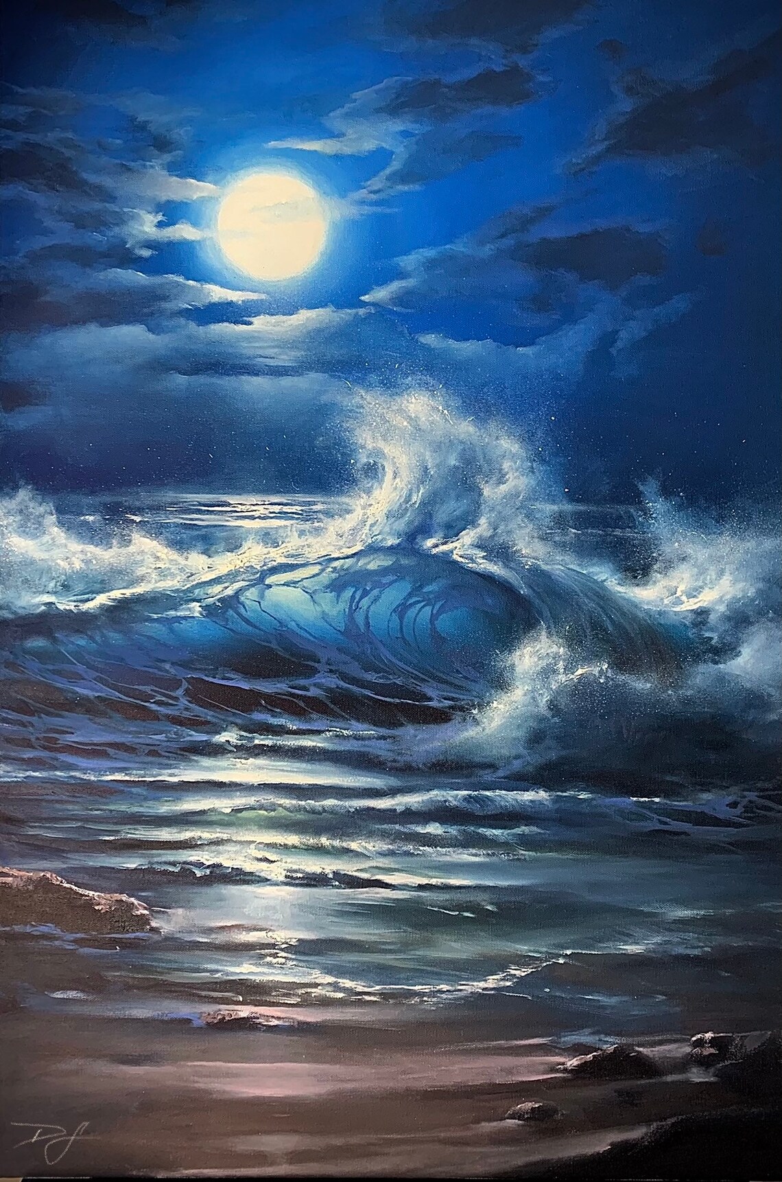 Full Moon Rising Over Night Ocean With Glowing Moonlit Curling Wave Poster