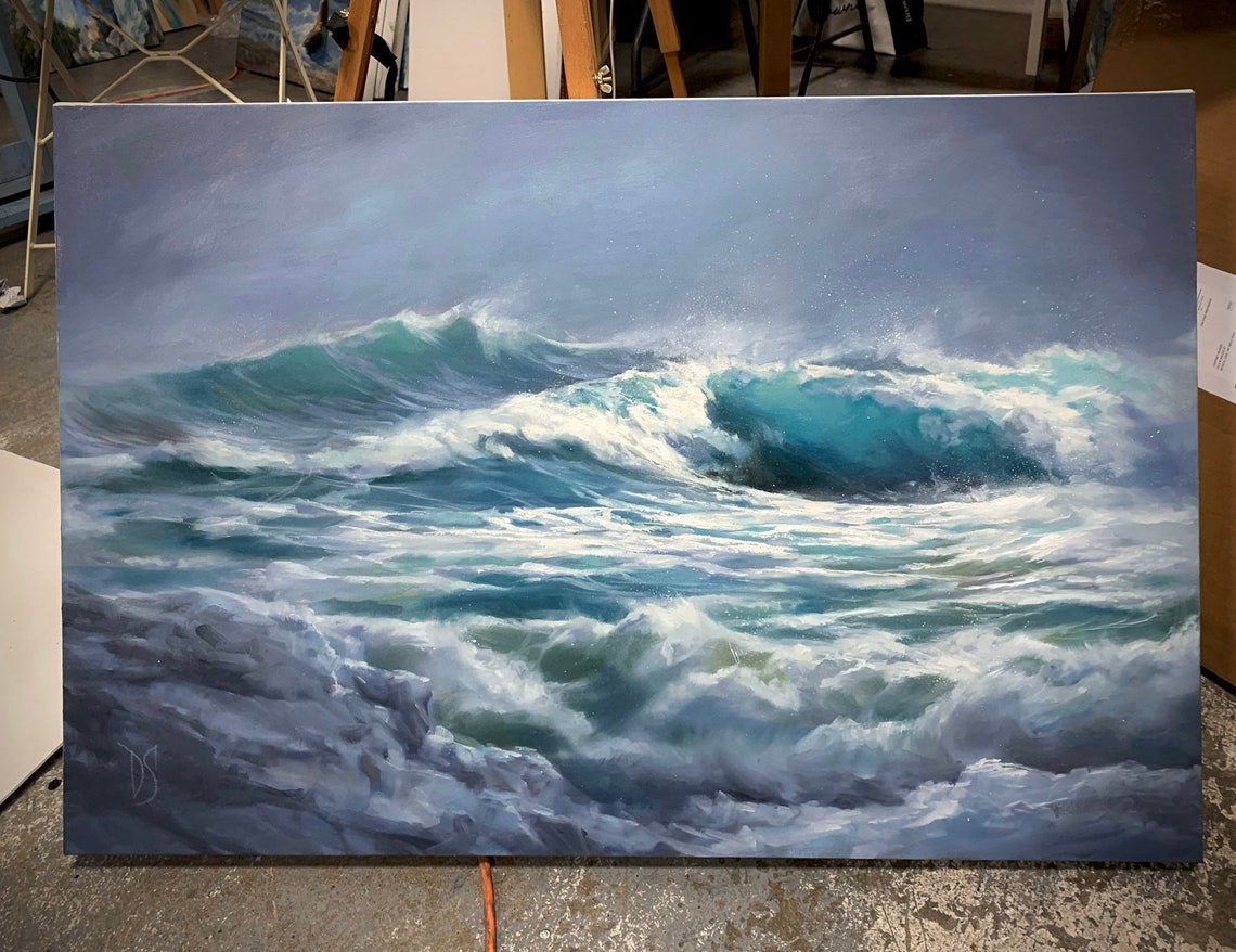 Rolling Blue Ocean Swells Under Overcast Sky Muted Seascape Poster