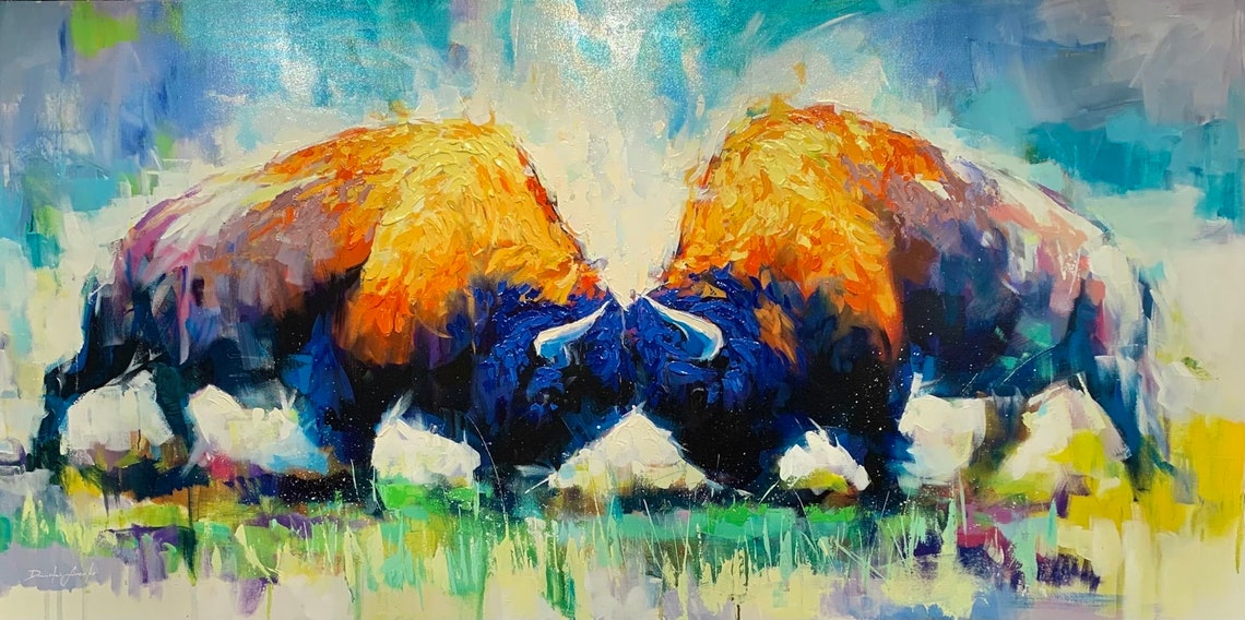 Two Bison Locked Head to Head Colorful Wildlife Oil Painting Poster