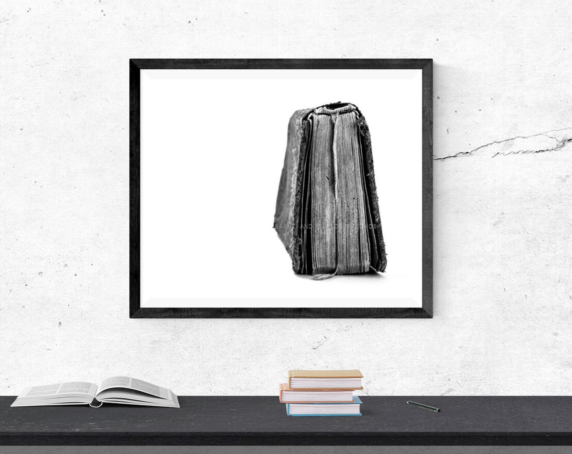 Vintage Old Book Standing Black and White Minimalist Photography Print