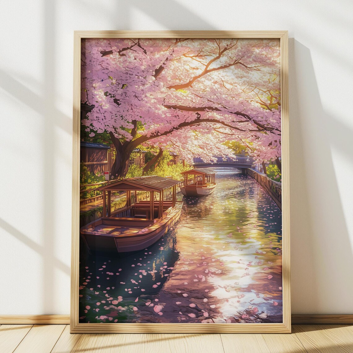 Cherry Blossom Canal Wooden Boats Petals Japan Daytime Poster