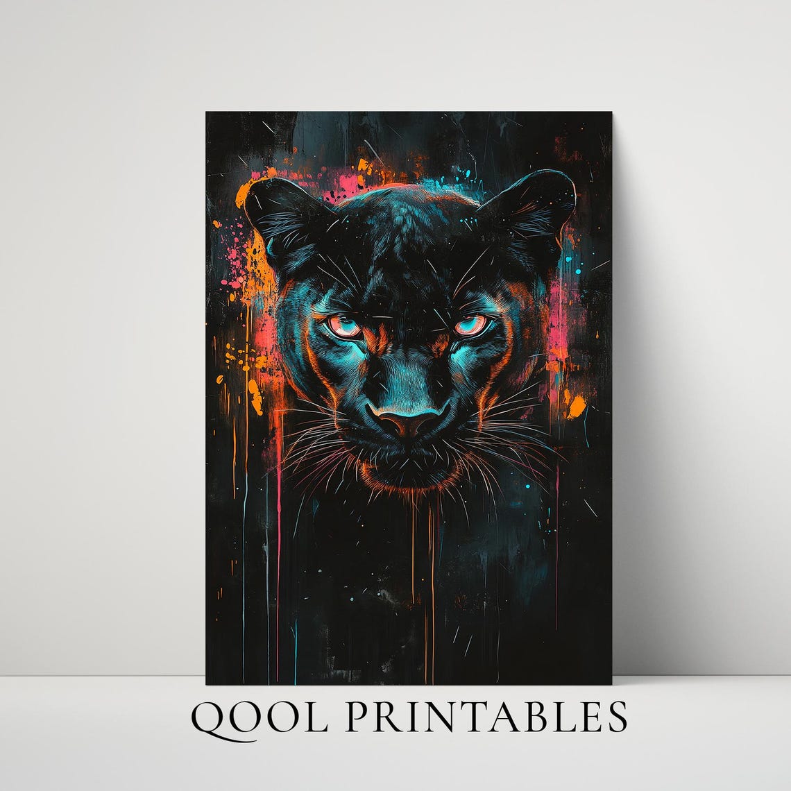 Black Big Cat Neon Eyes Graffiti Wild Predator Street Art Poster