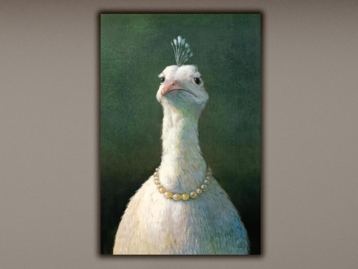 White Peacock Wearing Pearl Necklace Regal Bird Portrait Poster