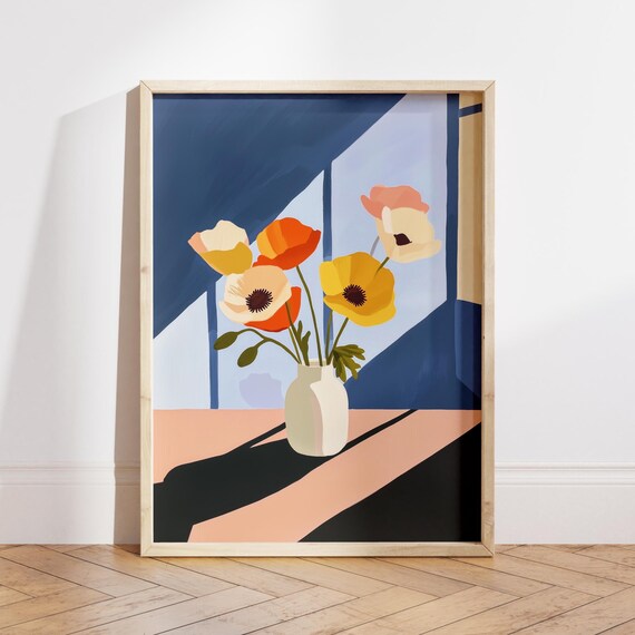 Modern Poppy Flower Watercolor Wall Art Minimalist Shadow Design Bold Botanical Floral Decor