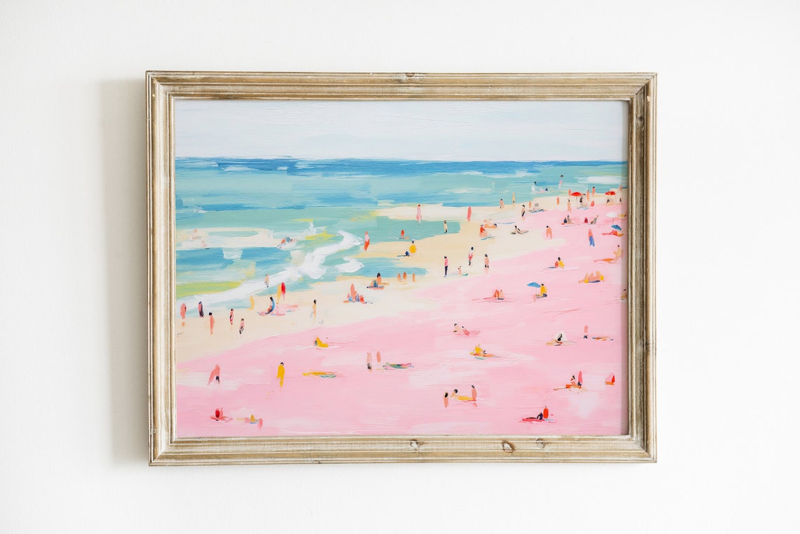 Pink Beach Crowd Turquoise Ocean Summer Vacation Painting Wall Art - Image 3