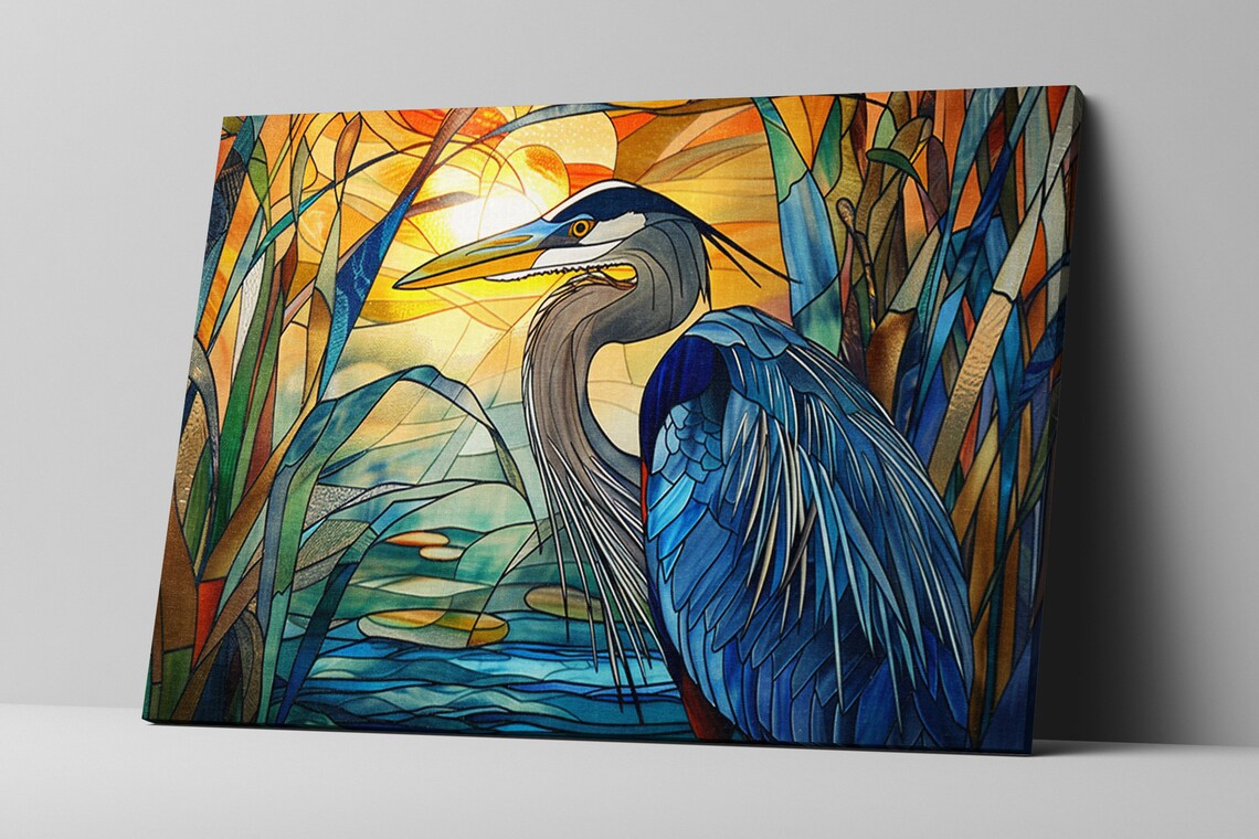 Blue Heron Stained Glass Golden Sunrise Close Up Wildlife Poster - Image 5